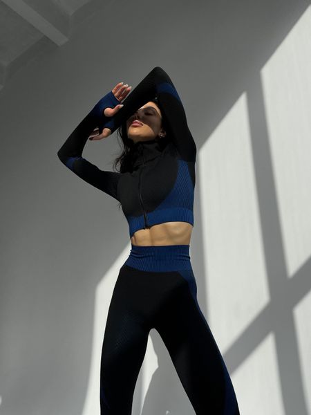 Жіночий комплект для спорту Fitness Attire, black-blue (топ, рашгард, лосіни) - S F010S фото