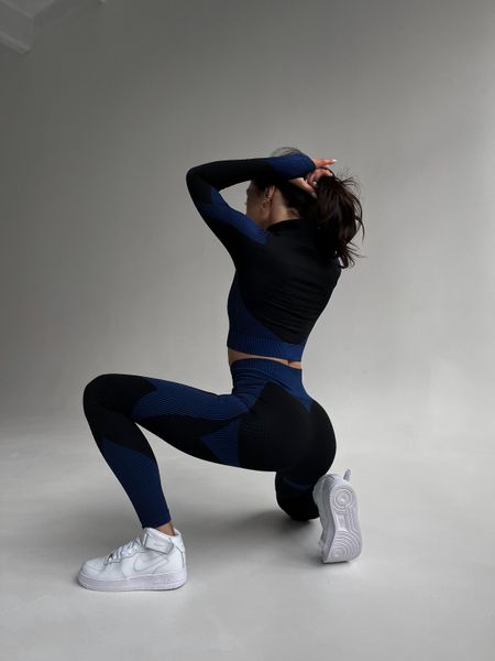 Жіночий комплект для спорту Fitness Attire, black-blue (топ, рашгард, лосіни) - S F010S фото