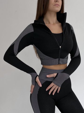 Жіночий спортивний комплект Fitness Attire, black-grey (топ, рашгард, лосіни) - S F03S фото