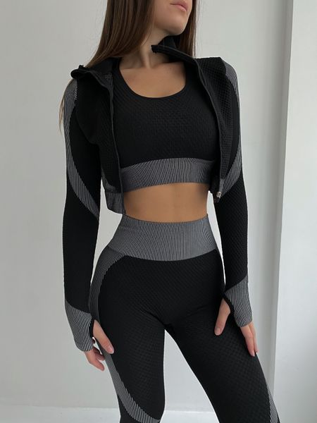 Женский спортивный комплект Fitness Attire, black-grey (топ, рашгард, лосины) - L F03L фото