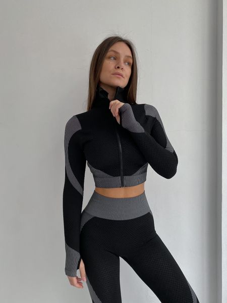 Женский спортивный комплект Fitness Attire, black-grey (топ, рашгард, лосины) - L F03L фото