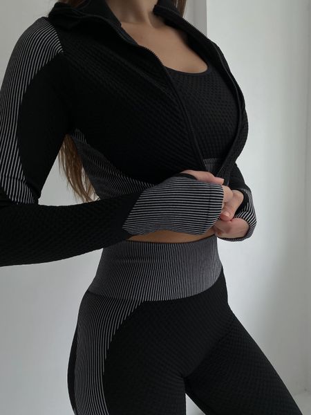 Женский спортивный комплект Fitness Attire, black-grey (топ, рашгард, лосины) - L F03L фото