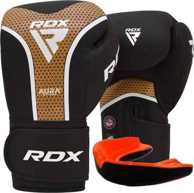 Боксерские перчатки RDX AURA PLUS T-17 Black Golden 14 унций (капа в комплекте) BGR-T17BGL-14OZ+ фото